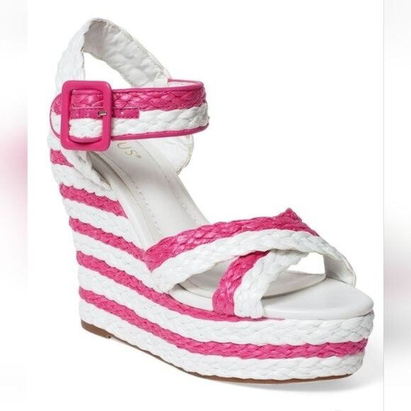 Venus Jess Women's 9 Hot Pink Stripe Platform Wedge Sandals Feminine Colorful - Picture 1 of 8